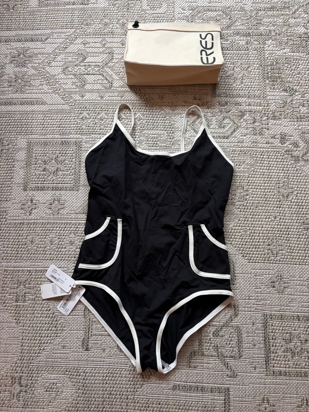 Classic Black One-Piece Swimsuit with White Trim - Picture 2 of 3